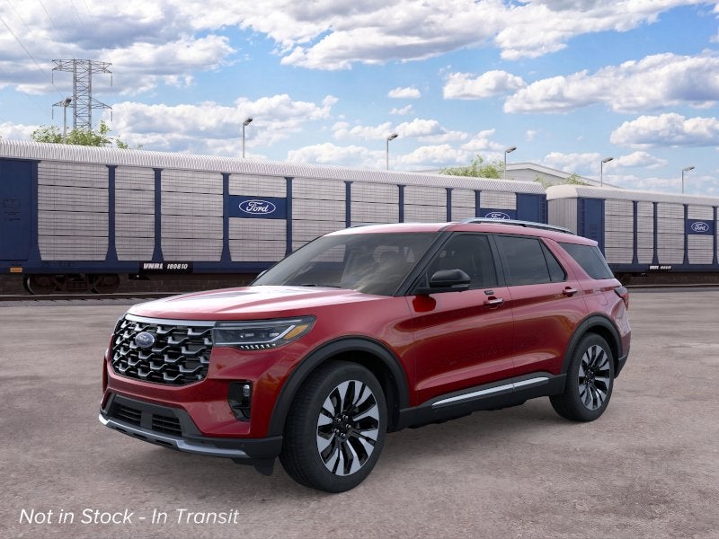 2026 Ford Explorer Platinum in Rapid Red Metallic Tinted Clearcoat — front three-quarter view
